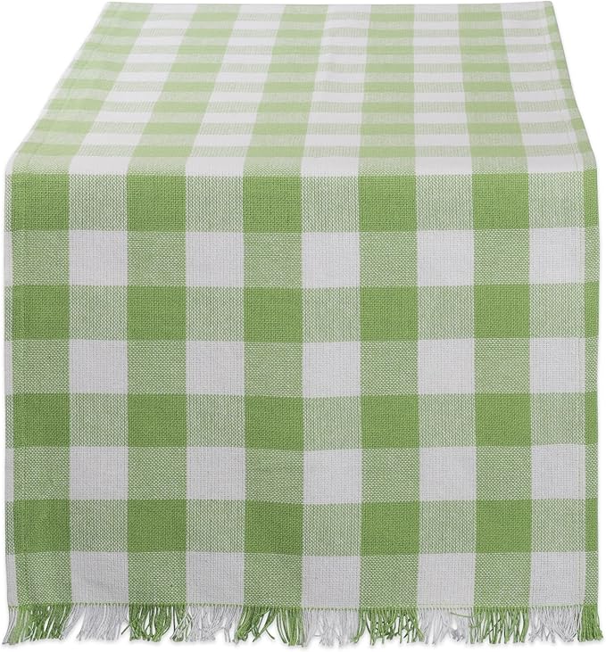 DII Heavyweight Fringed Check Tabletop Collection, Table Runner, 14x108, Bright Green