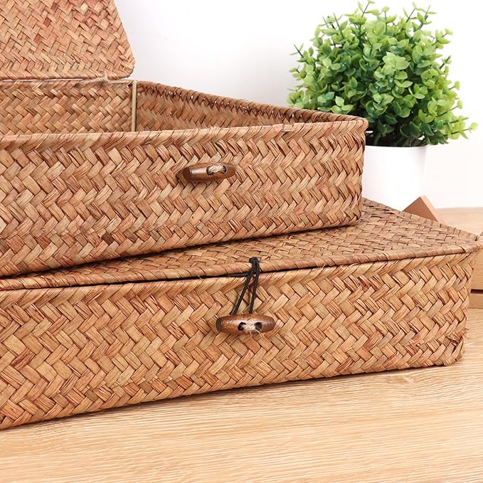 Flat Wicker Shelf Baskets with Lid, Handwoven Seagrass Basket Boxes for Storage Baskets Bins Home Decor Organizer (Coffee Large)