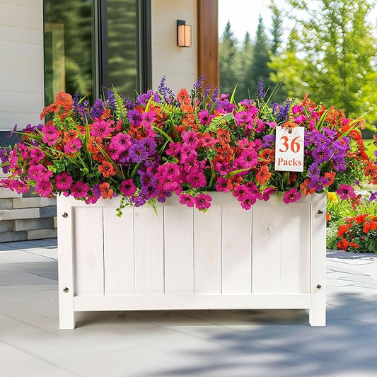 36 Bundles Artificial Flowers for Outdoors Spring Summer Decoration, UV Resistant Eucalyptus Violet and Lavender Silk Fake Plants for Outside Indoor Yard Home Patio Decor, Orange Rose Purple