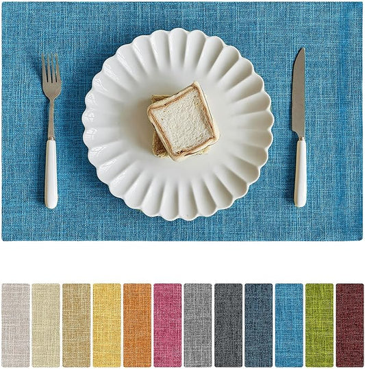Softalker Faux Linen Placemats Set of 8-12 x 18 Inch, Heat Resistant Double Layered Durable Burlap Farmhouse Place Mats, Non-Slip Washable Rustic Table Mats for Dining, Kitchen, Party（Sky Blue
