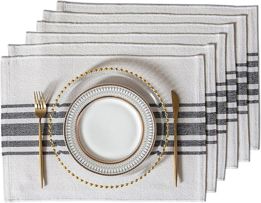 Placemats Set of 6 for Dining Table, Woven Cloth Place Mats for Kitchen Tabletop Décor, Handcrafted Machine Washable Cotton Table mats 13 x 19 Inch, Black and Beige