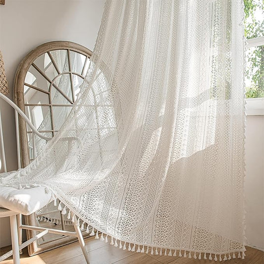 Boho Sheer Lace Curtain Crochet Vintage with Handmade Macrame Tassel Knitted Window Treatment Drape for Bedroom Living Room Kitchen (1 Panel Crochet White, 59"x 84")