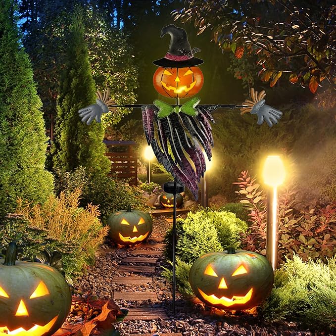 Solar Halloween Yard Decorations, Outdoor LED Solar Powered Pumpkin Ghost Stakes Halloween Outdoor Decorations, Metal Garden Stakes Lawn Yard Ornament