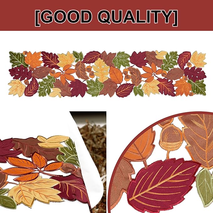 OWENIE Fall Table Runner - Thanksgiving, Farmhouse Embroidered Maple Leaves, 13 x 54 Inch, Orange
