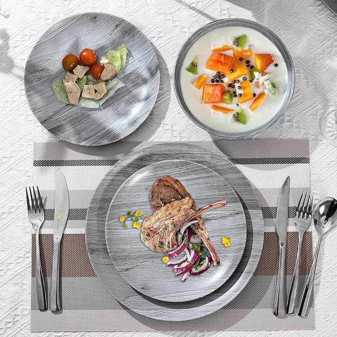 Melamine Dinnerware Set - 12pcs dinnerware set Indoor and Outdoor use, Bamboo Pattern Dishes Dinnerware Set for 4,Dishwasher Safe (Grey wood)