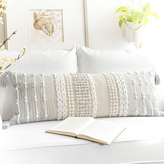 Gray Decorative Lumbar Pillow Cover 14x36, Boho Long Throw Pillow for Bed, Accent Lumbar Throw Pillow Case, Modern Farmhouse Textured Lumbar Cushion (Cover ONLY)