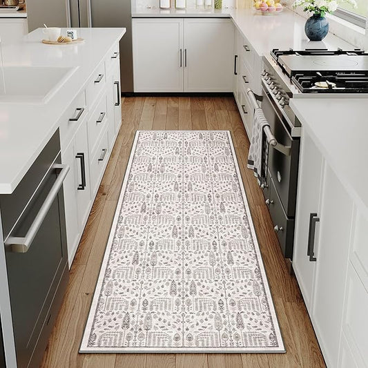 Hallway Runner Rug 2x6 Washable Grey Kitchen Carpet Non Slip Boho Thin Floral Farmhouse Throw Accent Long Rug for Laundry Bathroom Office Bedroom