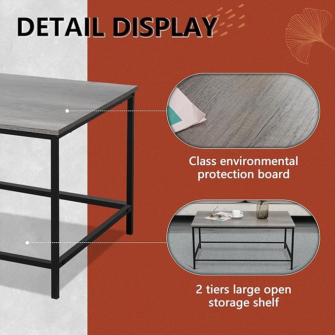 SENIG Coffee Table, Modern Industrial Style Rectangular Coffee Table, Grey Wood and Sturdy Metal Side End Table, Rustic Accent Functional Coffee Table for Living Room. 39.3 x 20 x 16