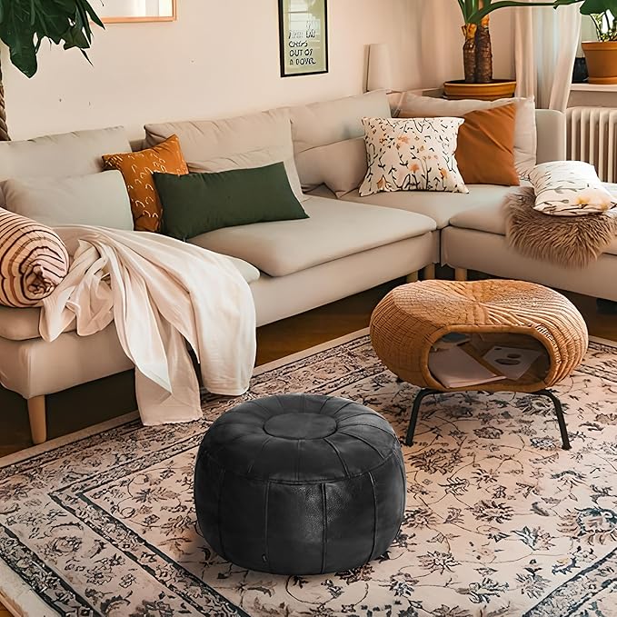 Thgonwid Unstuffed Moroccan Ottoman Pouf Cover, Ottoman Footstool Storage Solution, Bean Bag Chair, Foot Rest, Black