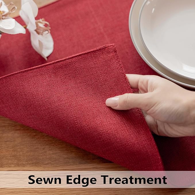 Demetex Placemats Set of 6 Red Linen Wipeable Place Mats Heat Resistant Cloth Placemats for Dining Table Restaurants Holiday, 13 x 19 inches, Wine Red