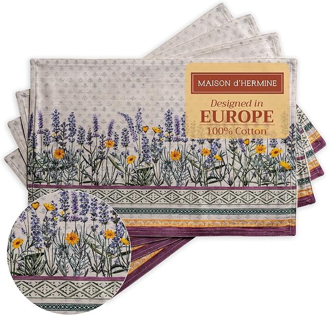 Maison d' Hermine Placemats Set of 4 100% Cotton Washable Cloth Place Mats, Reusable Table Mats for Kitchen Dining Decoration, Party, Wedding, Restaurant Spring/Summer (Fanny Lavender, 13" x 19")