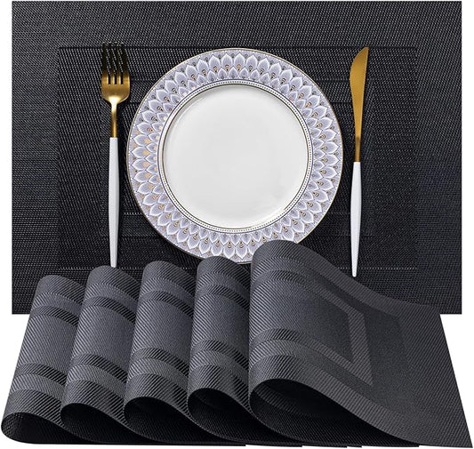 LEXMORE PlaceMats Set of 12 Vinyl/Plastic Woven Place Mats for Kitchen Table Indoor/Outdoor Washable PlaceMat Wipeable Dining Table Mats(Black Cube)