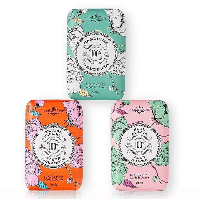La Chatelaine Luxury Bar Soap | Natural Shea Formula | 7 oz (Orange Blossom, Gardenia, Rose Acacia, Set of 3)