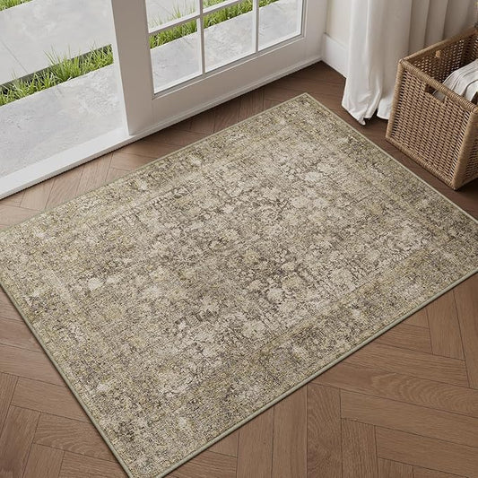 Brown Entryway Area Rug 2x3 Door Mat Machine Washable Kitchen Vintage Distressed Non Slip Carpet Indoor Retro Floral Accent Throw Small Rug for Bathroom Office Bedroom Dining Room
