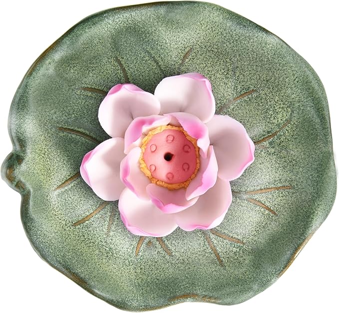KR. LIF Lotus Incense Holder & Burner, Agarbatti Stand, Detachable Lotus Leaf Incense Tray, Ash Catcher for Altar, Sage & Palo Santo, Ceramic