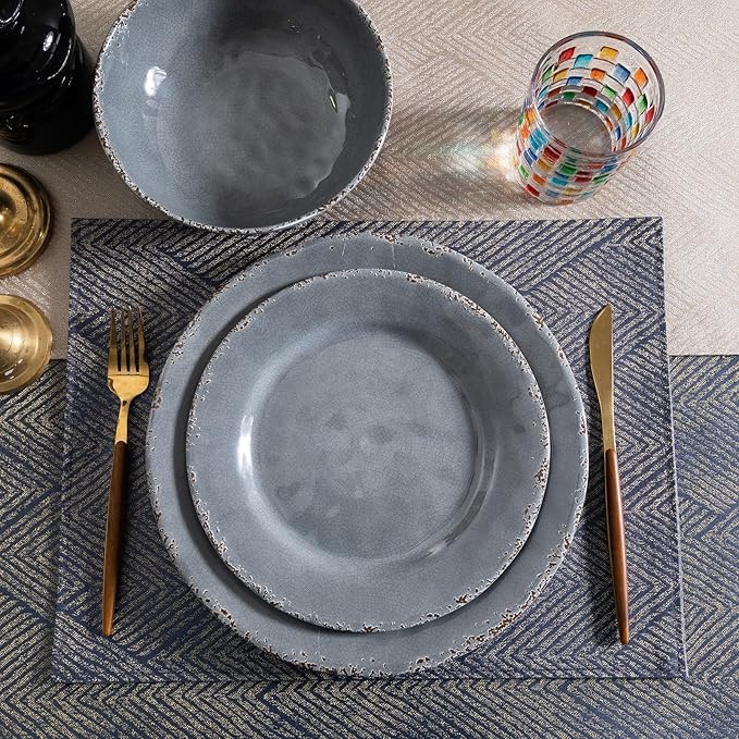 12 Pcs Vintage Melamine Dinnerware Sets, Durable Set Of 4 Plates and Bowls Set, Lightweight Dishes Dinnerware Sets for Indoor and Outdoor Use, BPA Free,Cool Gray
