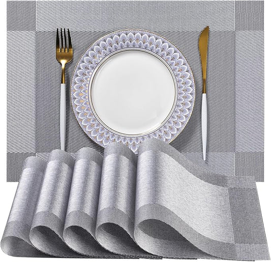 LEXMORE PlaceMats Set of 12 Vinyl/Plastic Woven Place Mats for Kitchen Table Indoor/Outdoor Washable PlaceMat Wipeable Dining Table Mats(Silver Cube)