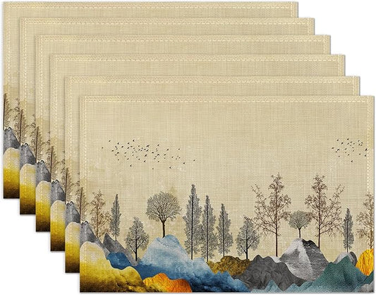Trees with Mountains Placemats Set of 6 Washable Table Mats for Kitchen Dining Table,Heat-Resistant Place Mats for Indoor Outdoor Party Holiday Decoration（Landscape）