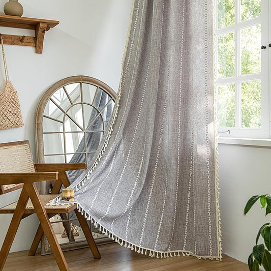 Sutuo Home Boho Curtains for Bedroom Living Room, Semi Blackout Linen Farmhouse Shabby Chic Tassels Window Treatment Bohemian Embroidery Drape, Rod Pocket 1 Panel 52" W x 72" L, Brown