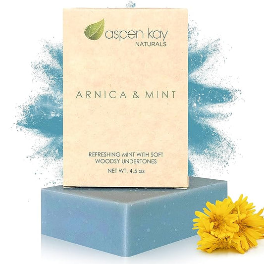 Aspen Kay Naturals Handmade Arnica & Mint Soap. Vegan, Cold processed - Olive, Shea Butter, Coconut, Essential, and Palm Oil. All Skin Types & Sensitive Skin, Made in the USA