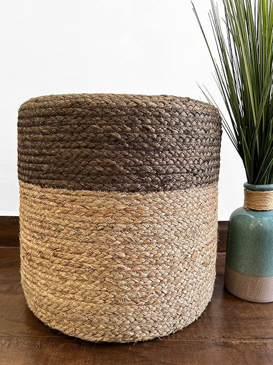 S & L Homes Pouf Ottoman - 100% Jute Braided Footrest Pouf Hand Knitted Traditional Cord Boho Pouffe for Living Room, Bedroom, Nursery, Patio, Lounge Colorblock - Natural Brown (16”x16”x16”)