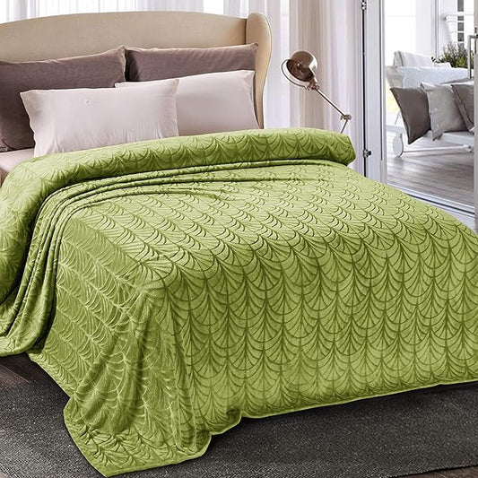 Whale Flotilla Flannel Fleece King Size Blanket for Bed, Soft Fluffy Velvet Bedspread Coverlet with Decorative Vintage Pattern for All Season, Warm and Lightweight, 90x104 Inch, Olive Green