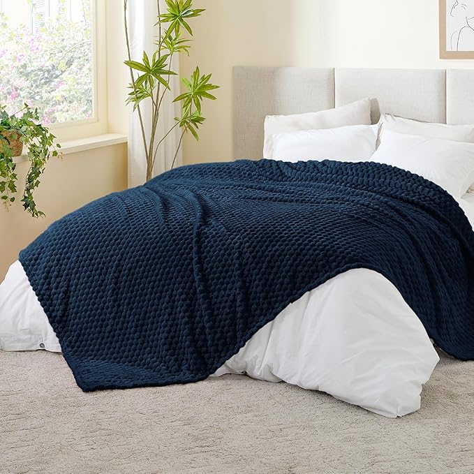 BEDELITE Fleece Blanket, Large Queen Size for Bed, 3D Jacquard Decorative Navy Fuzzy Throw, Soft and Cozy Warm Plush Fluffy Blanket All Seasons Suitable, 90x90Inches