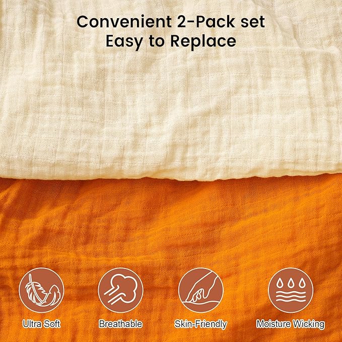 Muslin Crib Sheets for Boys Girls, 2 Pack 100% Cotton Soft Breathable Fitted Baby Sheet Set, 28x52 Inch Fits Standard Crib and Toddler Mattresses, Beige & Ginger