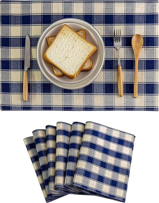 Home Brilliant Farmhouse Placemats Set of 6 Machine Washable Place Mats for Kitchen Table Mats, 13 x 19 inches, Checker Plaid, Navy Blue