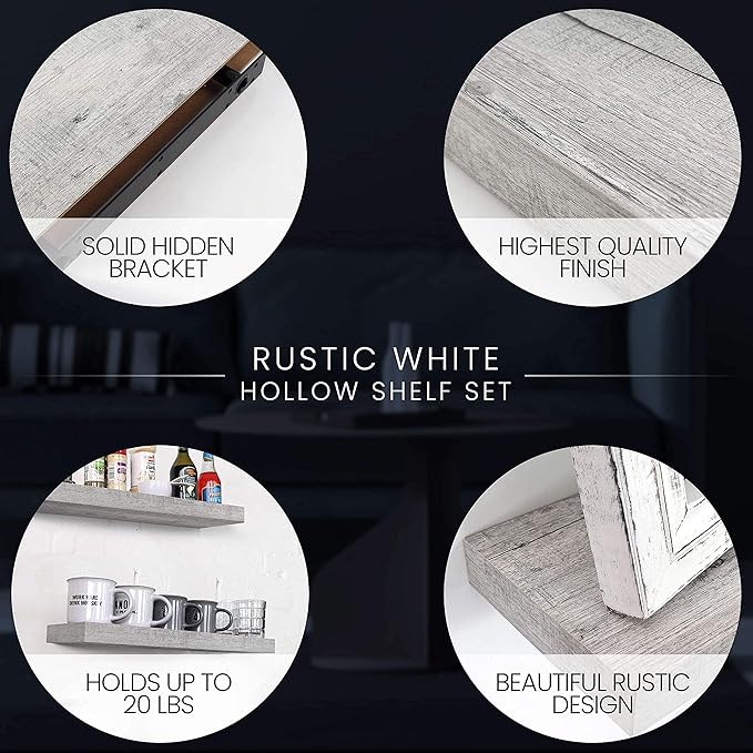 Floating Wall Shelves, 24” Hanging Shelf Set for Living Room, Office, Kitchen, Bathroom &, Perfect Home Room Wall Decor, Rustic Pattern Designed – (Rustic Whitewash Grey 24")