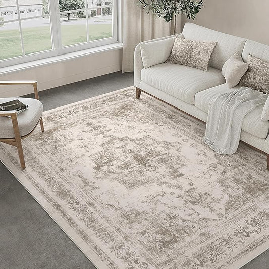 Area Rug 5x7 Washable Taupe Rug Vintage Boho Medallion Large Distressed Retro Carpet for Living Room Non Slip Indoor Low Pile Small Soft Bedroom Dining Room Home Office