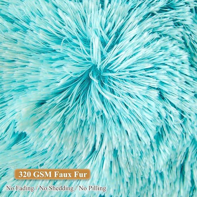 XeGe Fluffy Faux Fur Inflatable Pouf Ottoman, Cozy Portable Fuzzy Foot Stool, Furry Foot Rest Floor Pouf Anti-Slip Kids Girls Adult, Cute Round Ottoman Cushion for Living Room Bedroom, Ombre Aqua