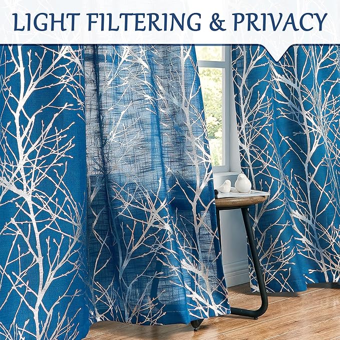 FMFUNCTEX Linen Semi Sheer Curtains for Bedroom, Silver Foil Curtains 84 Inches Long for Living Room, Silver Metallic Print Navy Blue Tree Panel for Windows, Light Filtering Curtains Grommet 2 Panels