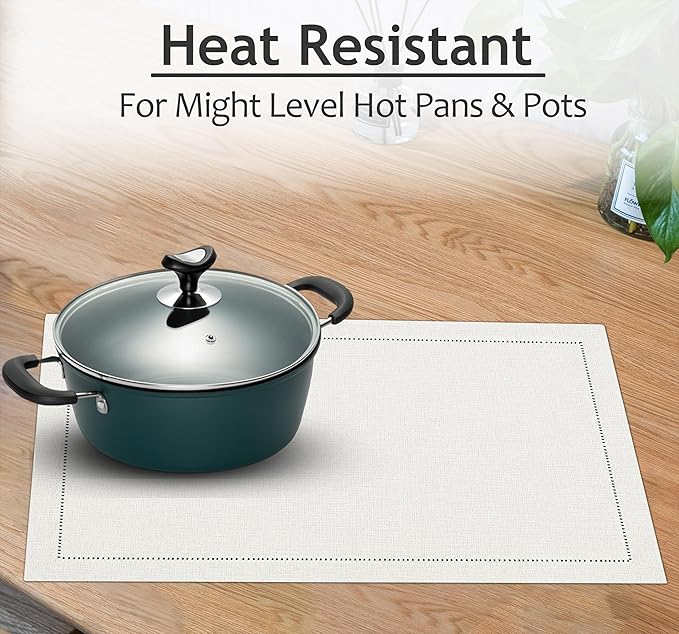 Ruvanti Linen Placemats Set of 6-13x19 Inch, Classic Hemstitch, Heat ‎Resistant Machine Washable Place Mats, Soft & Elegant- Perfect for Christmas, ‎Thanksgiving, Easter, Weddings, Dinner - Ivory