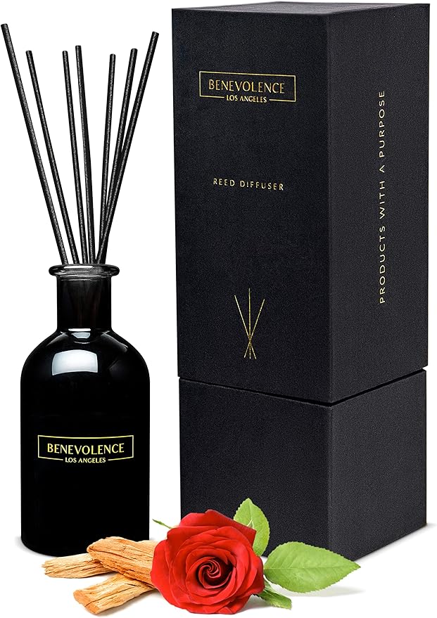 Benevolence LA Reed Diffusers for Home, Rose & Sandalwood Relaxing Fragrance | Aromatherapy Reed Diffuser Sticks with Gift Box, Scented Sticks for Bathroom | Home Decor