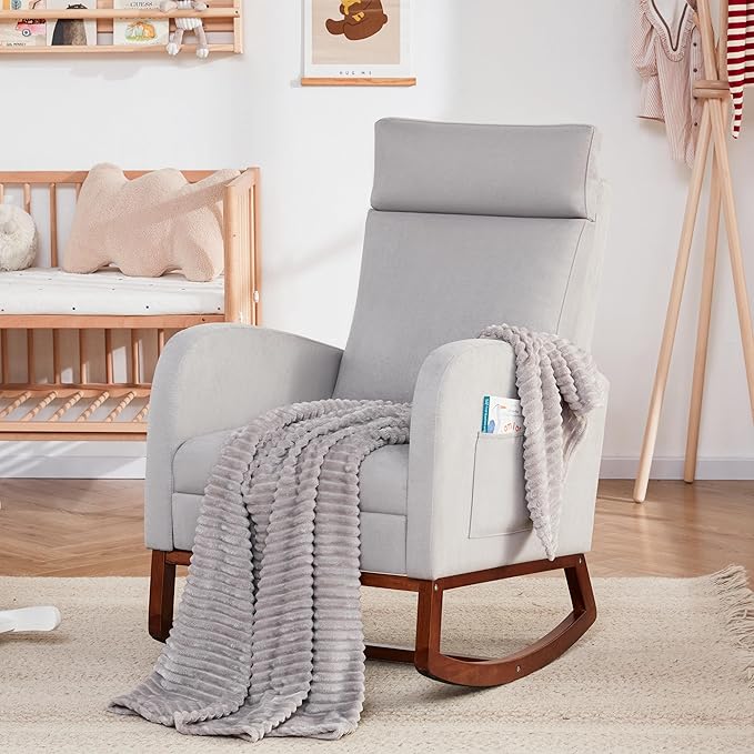 Rocking Chair Nursery Chair with Foot Rest, Nursery Rocking Chairs with High Back, Glider Rocking Chair, Baby Nursery Glider Rocker, Nursing Chair Accent Living Room Grey with Blanket