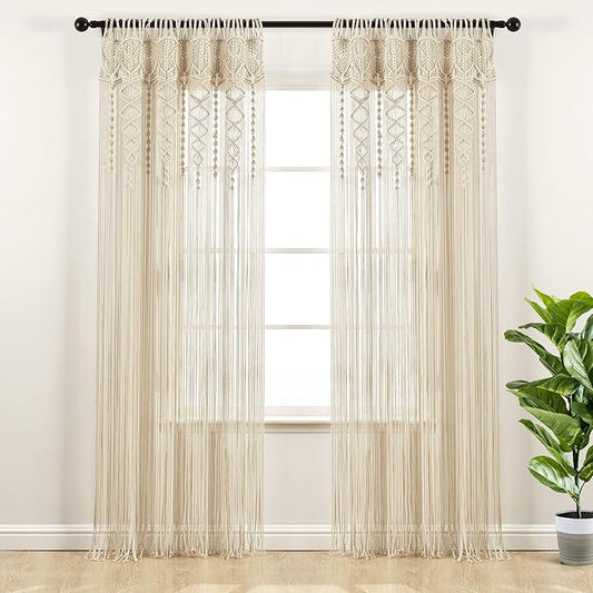 Lush Decor Boho Macrame Textured Cotton Window Curtain Panel, 40" W x 95" L, Neutral Room Divider - Wedding Or Wall Decor