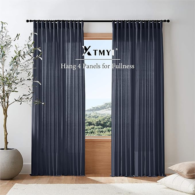 XTMYI Navy Blue Short Length Curtains for Windows,Linen Sheer Cutains for Bedroom Kitchen,45 Inch Long
