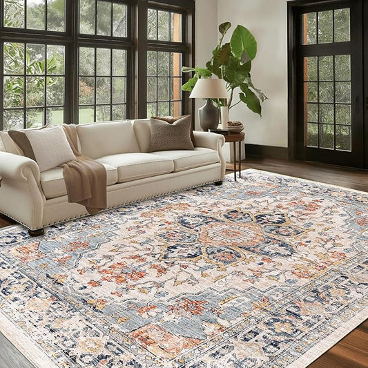 Area Rugs for Living Room - 9x12 Area Rugs, Machine Washable Rugs 9x12, Non-Slip, Stain Resistant Soft Boho Vintage Large Carpet Low Pile Thin Rugs for Living Room Bedroom