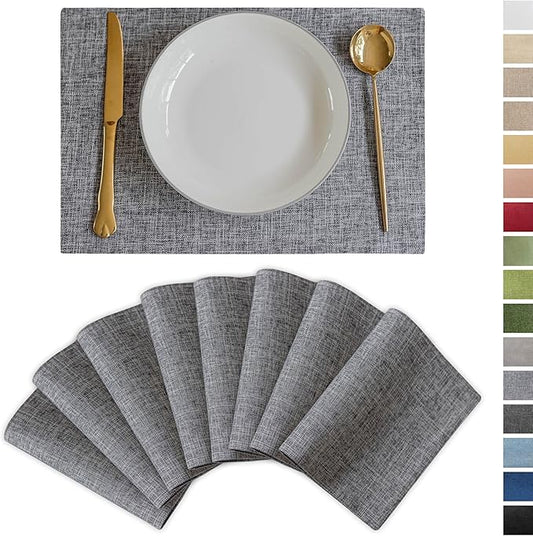 Demetex Grey Textured Linen Placemats Set of 8 Classic Place Mats Heat Resistant Cloth Table Placemat for Dinner Gathering Buffet, 13x19 inch, Ash Grey