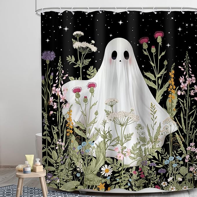 LGhtyro Funny Ghost Kids Shower Curtain Bathroom Set 60Wx71H Inches Halloween Spooky Wildflower Floral Rustic Plant Leaf Botanical Bath Accessories Starry Night Sky Art Home Decor Fabric 12 Pack Hooks