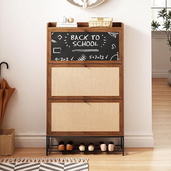 AVZEAR Narrow Shoes Cabinet with 3 Flip Drawers, Free Standing Shoe Racks Organizer Farmhouse Tipping Bucket with Blackboard, Entryway Hallway Storage, Walnut