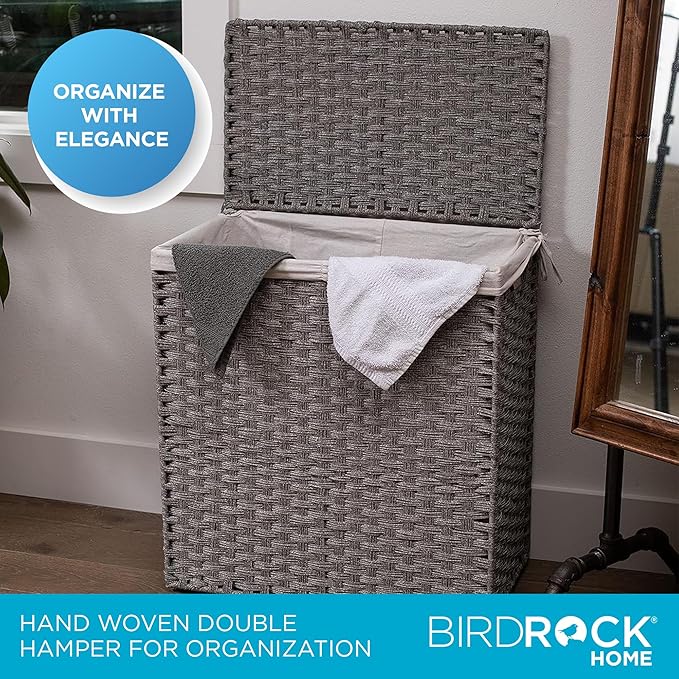BIRDROCK HOME Laundry Hamper with Lid - Hand Woven PE Rattan Divided Sorter with Removable Liner Bags - Large Collapsible & Foldable Bin Clothes Basket Organizer for Bedroom & Bathroom - Double, Grey