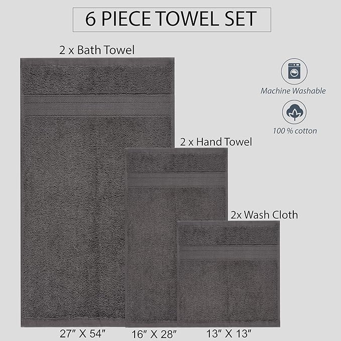 Quick-Dry, Soft & High Absorbent Bath Towels Cotton Turkish Bath Towel Set of 6 | Daily Use 100% Cotton Towels for Bathroom, Gym & More | Bathroom Towels Set (6 Pcs, Grey)