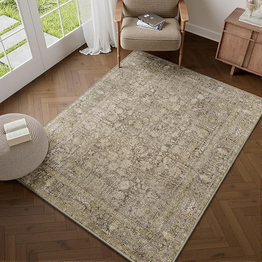 Brown Area Rug 3x5 Office Entryway Rug Machine Washable Kitchen Vintage Distressed Non Slip Carpet Indoor Retro Floral Accent Throw Door Mat for Bathroom Bedroom Dining Living Room