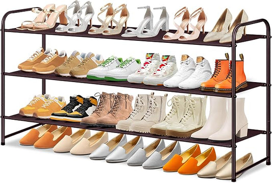 SLEEPING LAMB 3-Tier Shoe Rack for Closet, Long Stackable Wide Shoe Organizer Holds 24-Pairs Low Shoe Storage for Bedroom, Floor, Entryway (Bronze)