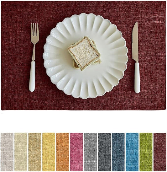 Softalker Faux Linen Placemats Set of 8-12 x 18 Inch, Heat Resistant Double Layered Durable Burlap Farmhouse Place Mats, Non-Slip Washable Rustic Table Mats for Dining, Kitchen, Party（Red