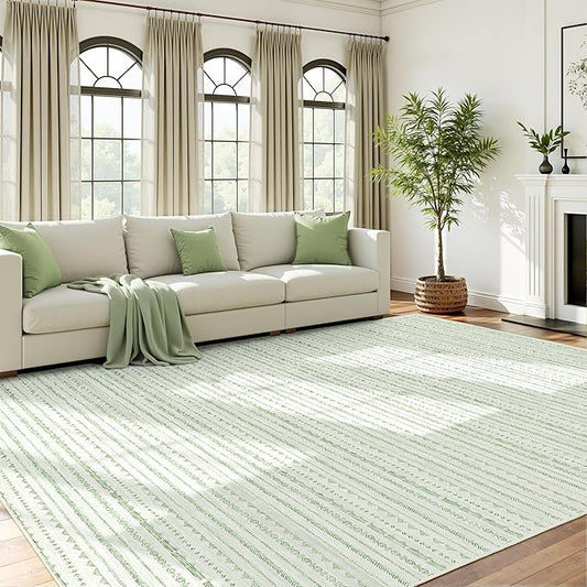 Sage Green Large Area Rug 8x10 Living Room, Machine Washable 8 x 10 Rug Boho Moroccan Farmhouse Style, Ultra Soft Neutral Indoor Carpet for Bedroom Dining Room Playroom Office