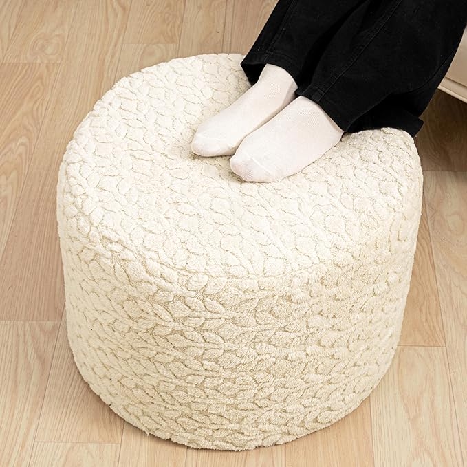 Round Pouf Ottoman Stuffed 20 x 20 x 14 Inches Boho Poof Foot Stool Home Decor Floor Pouffe Ottoman Foot Rest for Couch Sofa Bean Bag Chairs Living Room Bedroom (Linen)