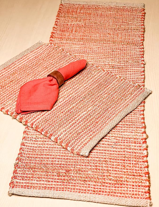 Chardin Home Natural Jute Table Runner 13x48 Inch – Vintage Boho Rustic Table Decor – Handwoven Jute Table Runner in Natural and Rust Orange – Farmhouse Dining or Console Table Accent